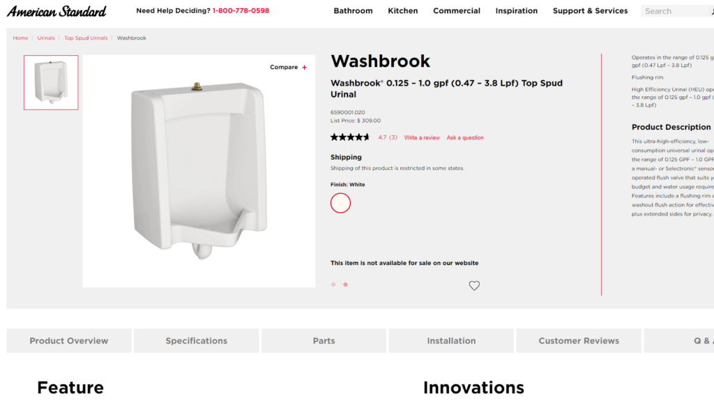 american standard allbrook™ flowise® urinal (6590.001ec)