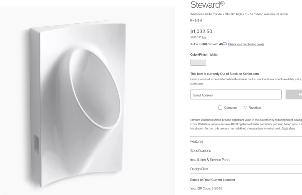 kohler steward s™ waterless urinal (k 4919)