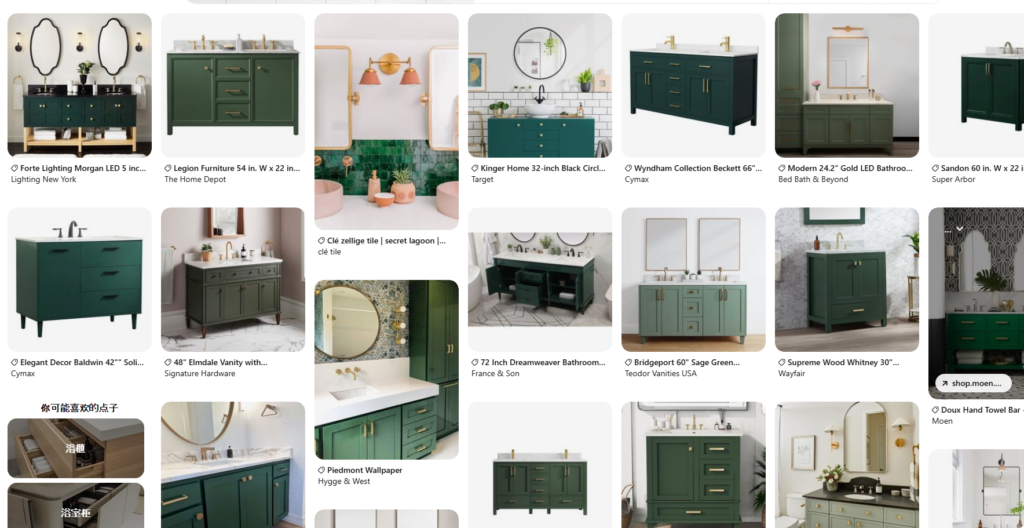 deep blues, rich greens, matte black, and gold or brass accents are becoming popular in custom vanities