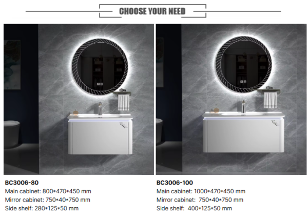 80CM Washroom Vanity Bathroom Storage Mirror Cabinets Led Light Wash Basin Cabinet Set