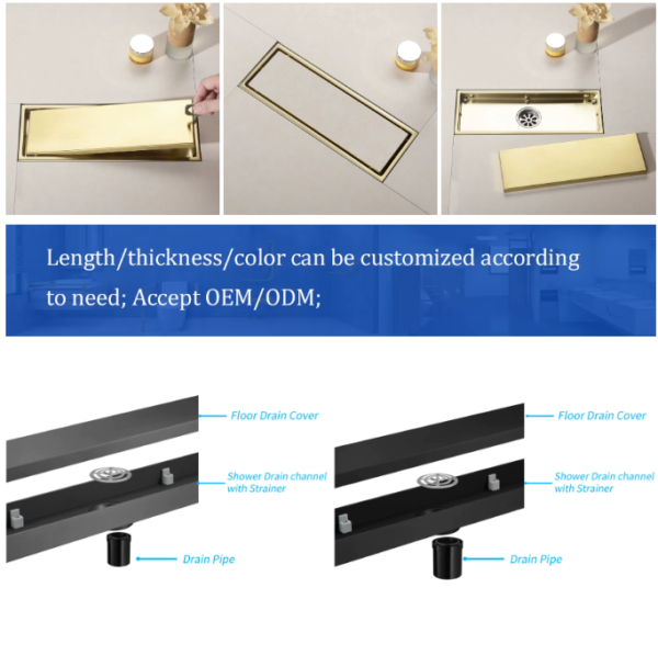 bathroom accessories stainless steel brushed rose gold linear shower linear drain invisible vertical outlet shower floor drain