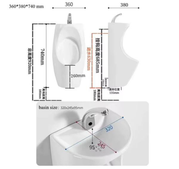 hot sale new design and save water wall mounted sink basin and urinal combination urinal for men