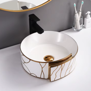 Modern Luxury Design Round Art Washbasin Hotel Hand Wash Basin White and Gold Bathroom Vanity Sink Ceramic Basin for bathroom