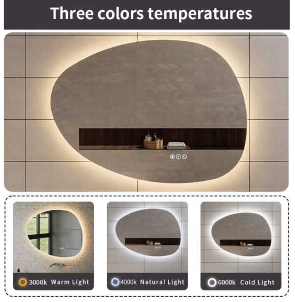 Three Color Lights Horizontal Vertical Stepless Dimmable Irregular LED Mirror Wall Led Bathroom Vanity Mirror With 3 Light