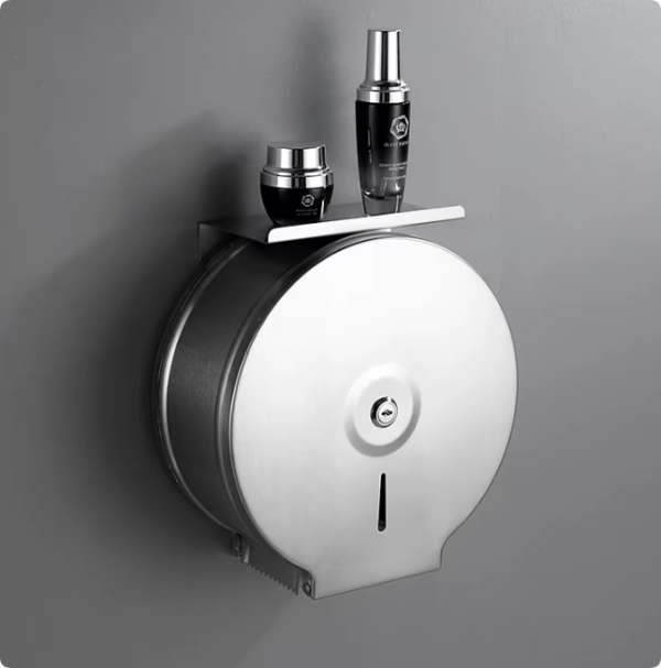 Wall Mounted Jumbo Stainless Steel Waterproof Toilet Tissue Box Holder Paper Roll Towel Dispenser with Cell Phone Shelf