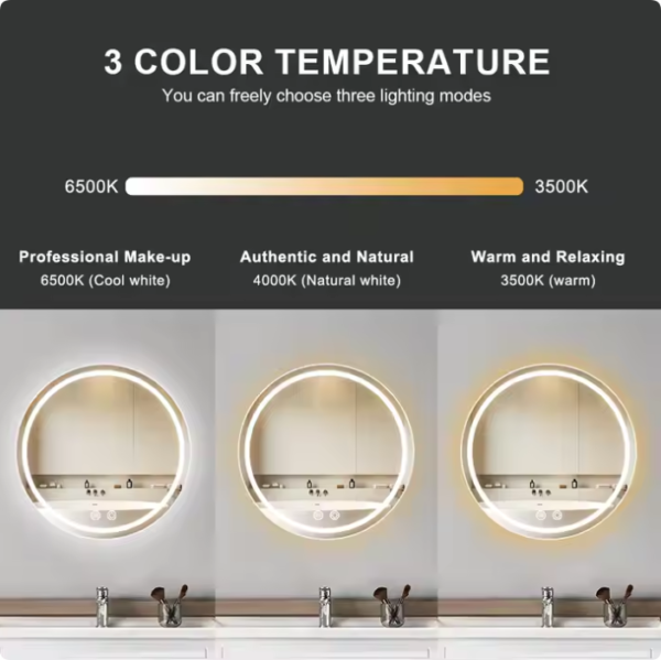 washroom wall touch switch hotel toilet intelligent anti fog touch screen smart round led bathroom mirrors with led light