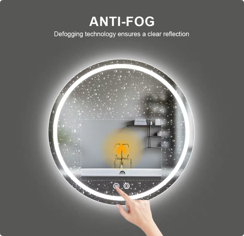 washroom wall touch switch hotel toilet intelligent anti fog touch screen smart round led bathroom mirrors with led light