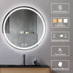 Washroom Wall Touch Switch Hotel Toilet Intelligent Anti Fog Touch Screen Smart Round Led Bathroom Mirrors With Led Light