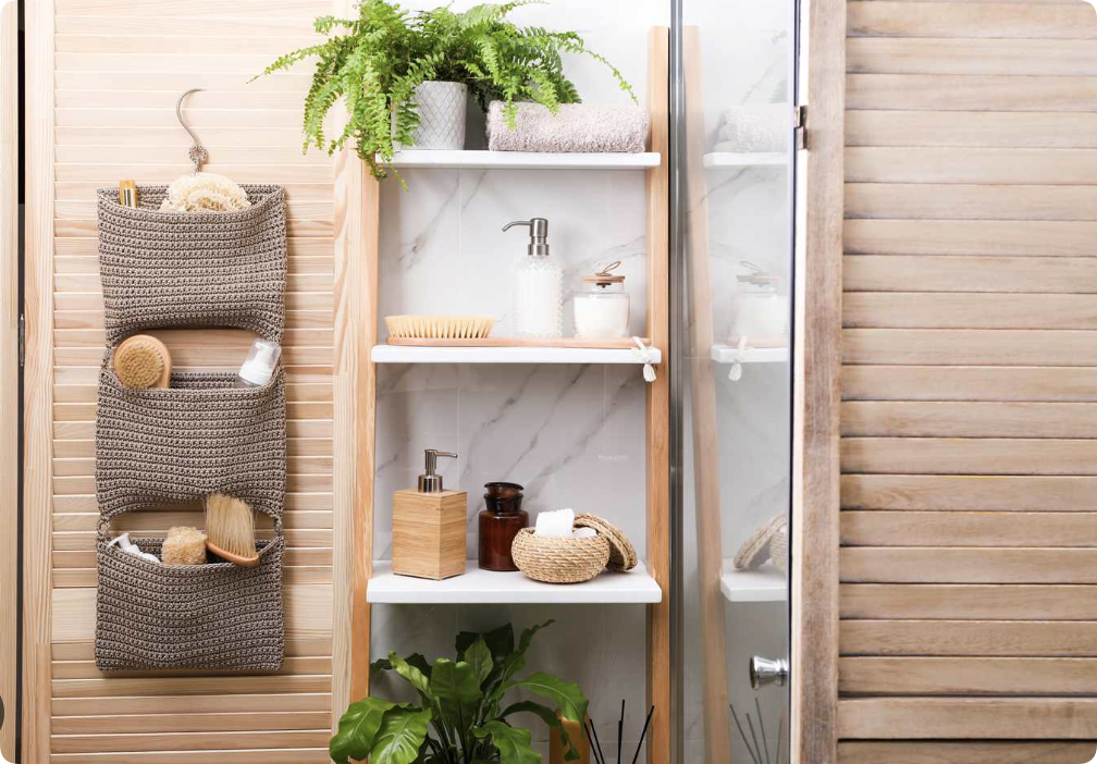baskets and wooden shelving for storage bathroom