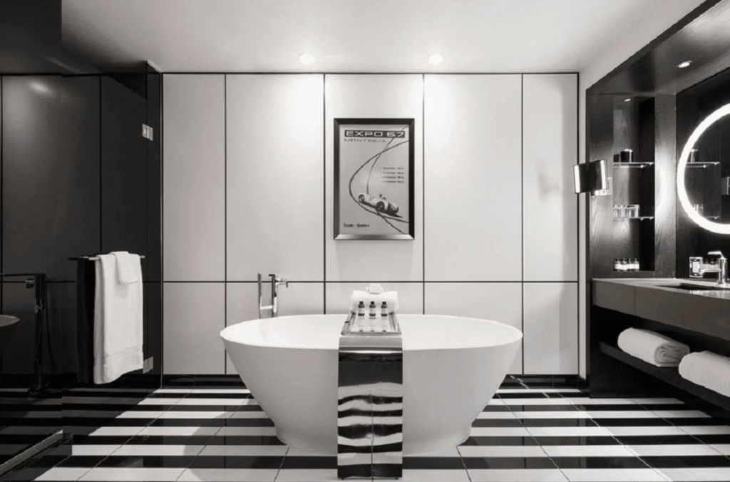 black, white & gray with clean lines hotel bathroom