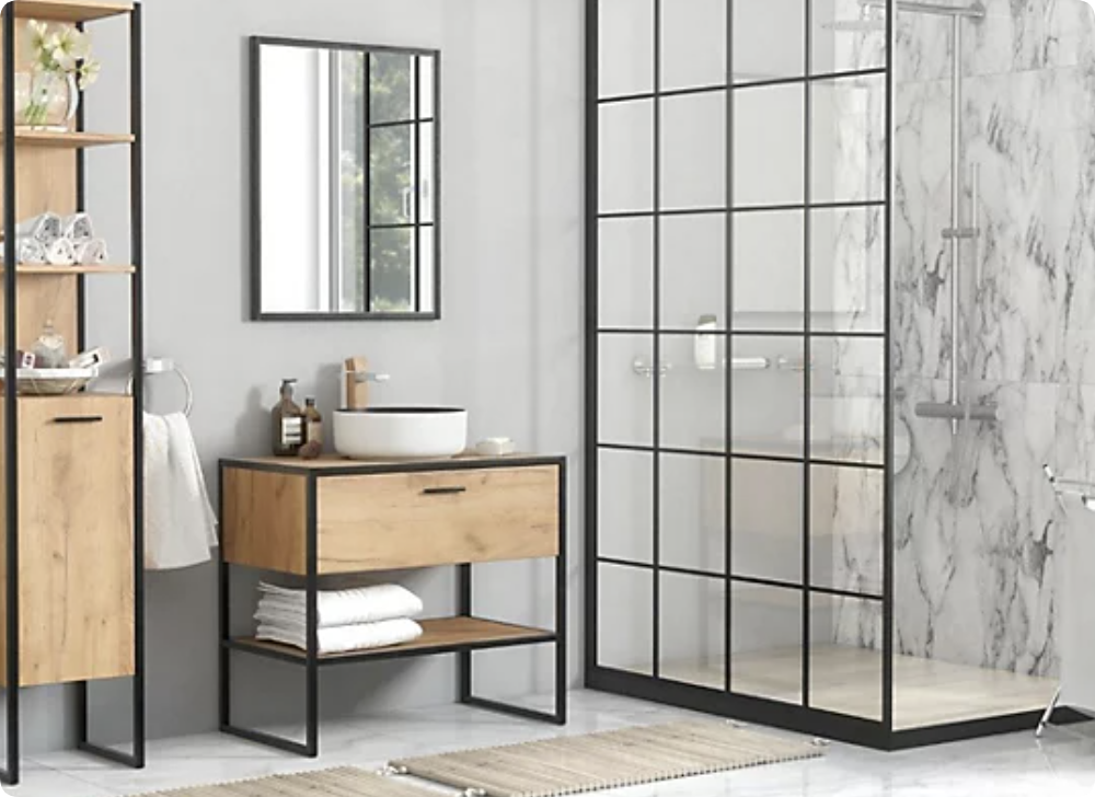 industrial style open storage shelving bathroom