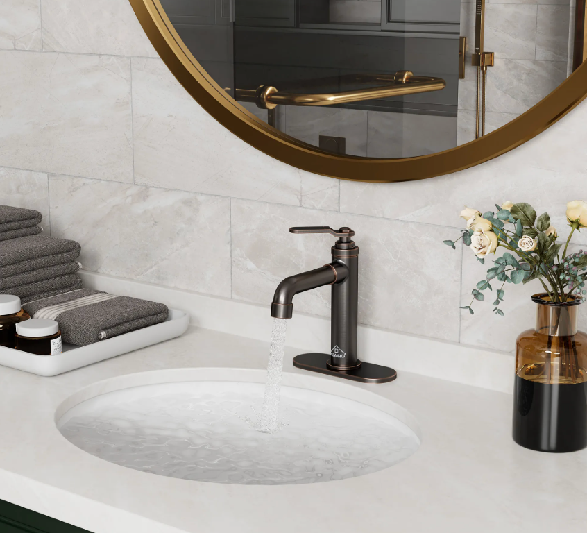 marble countertops and metallic faucets