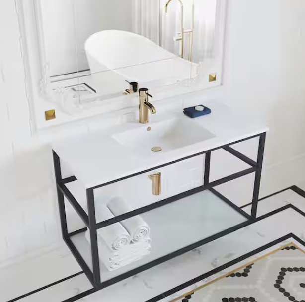 glass and metal vanity in bathroom