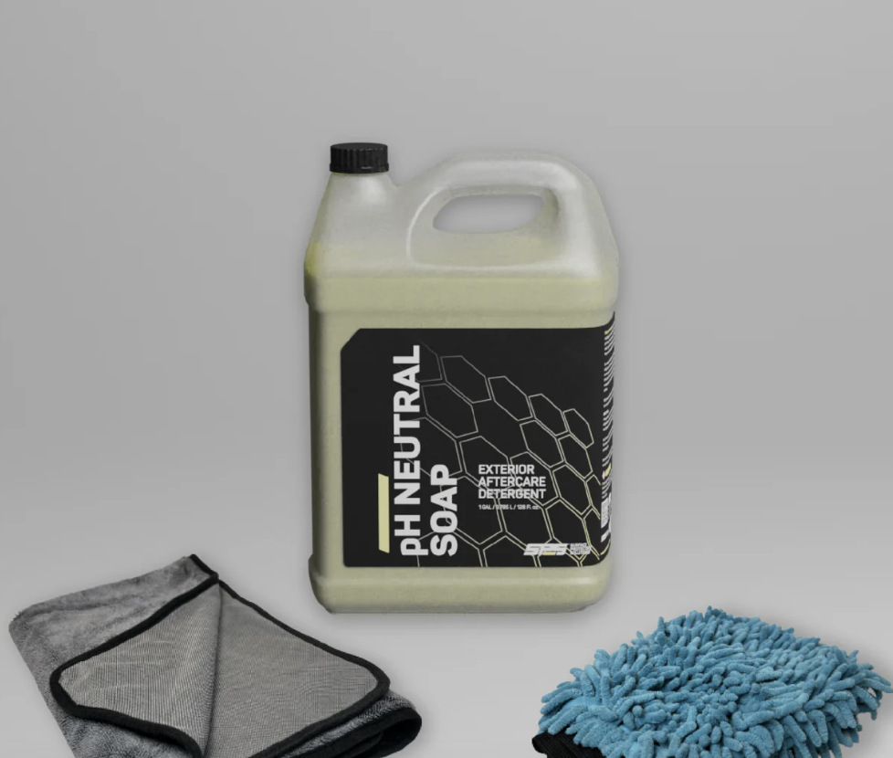 ph neutral soap + microfiber cloth