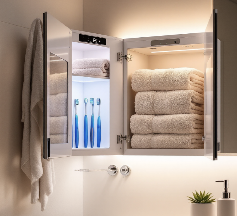 smart storage cabinet with towel warmers and uv toothbrush sterilizers
