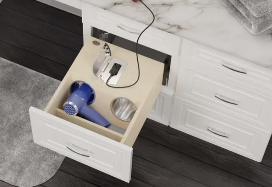 integrated bathroom cabinets with hair dryer holders
