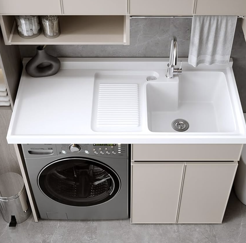 double vanity cabinet with a mini washing machine